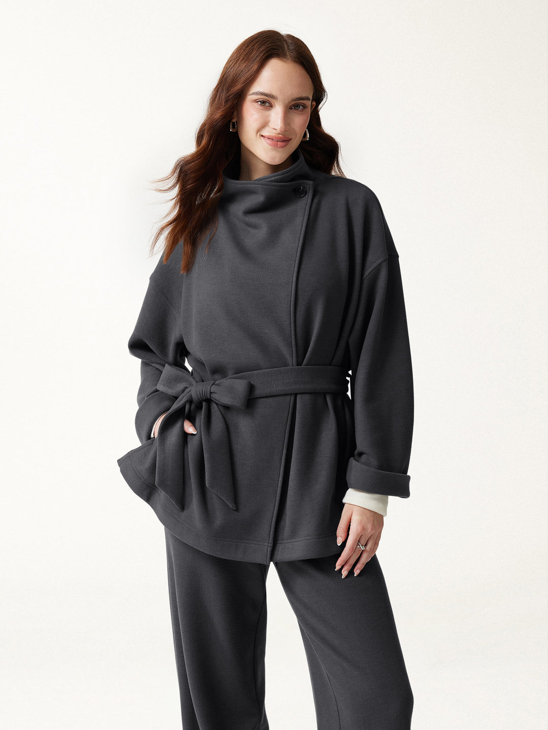2Pcs Set Waterfall Lapel Belted Jacket with Pockets & Mid-Rise Balloon Pants with Pockets