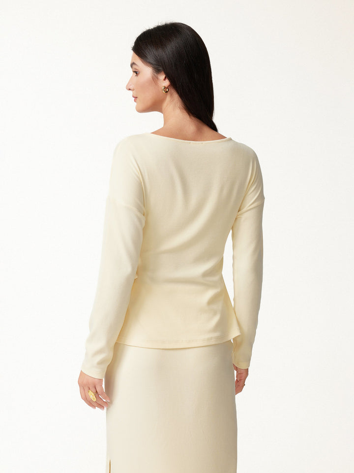 2Pcs Set LiteWarm Boatneck Long Sleeve Top & Mid-Rise Side-Slit Column Midi Skirt