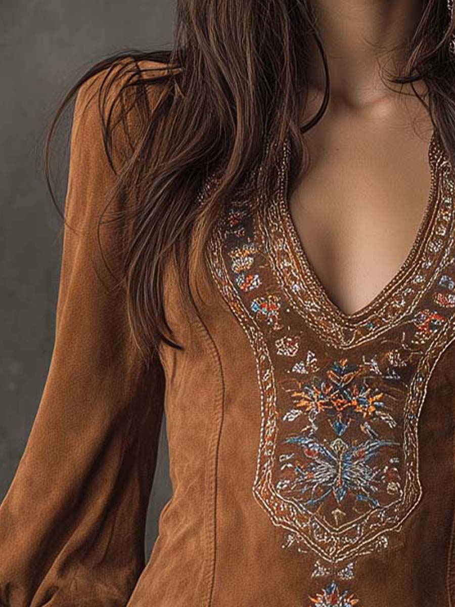 Vintage Suede Embroidered Mini Dress With Long Sleeves | Harry & Kate London
