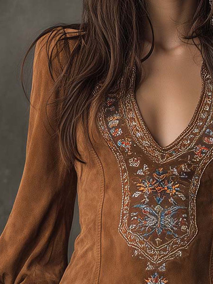 Vintage Suede Embroidered Mini Dress With Long Sleeves | Harry & Kate London