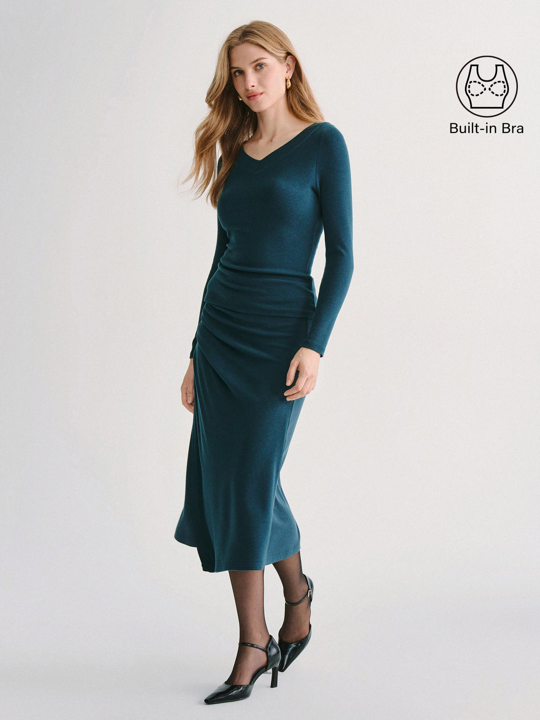 2Pcs Set LiteWarm V-Neck Long Sleeve Built-In Bra Top 3.0 & High-Rise Side-Tuck A-Line Midi Skirt