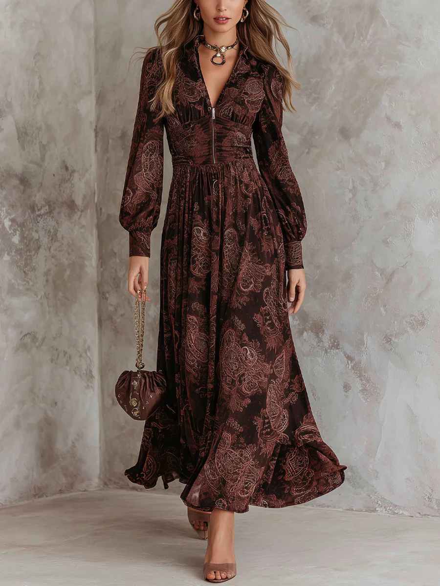 Mia brown paisley zippered waist maxi dress – front