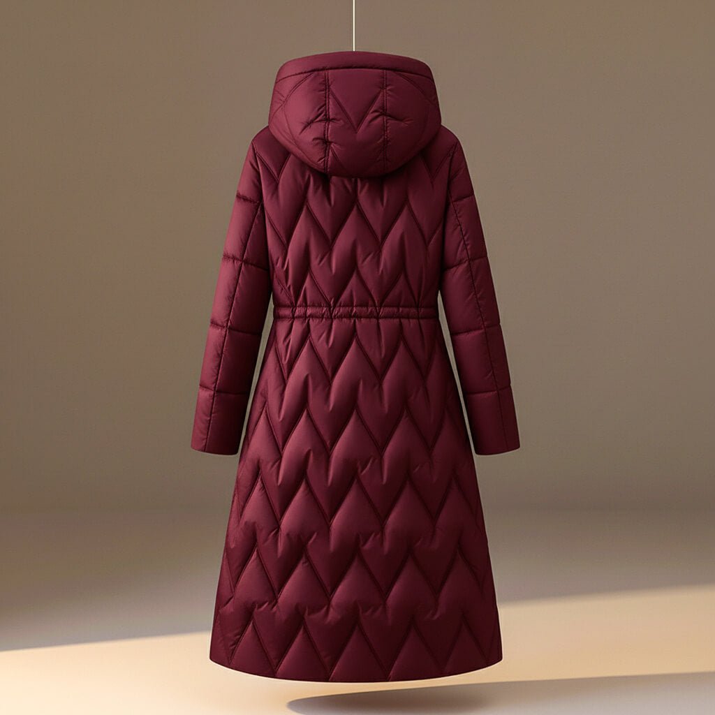 Chloe | Women's Long Quilted Hooded Coat with Cinched Waist