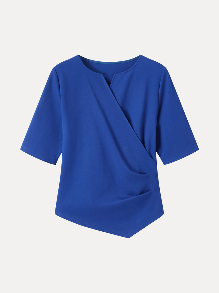 Ponte Surplice Elbow Sleeve Asymmetrical Hem Top