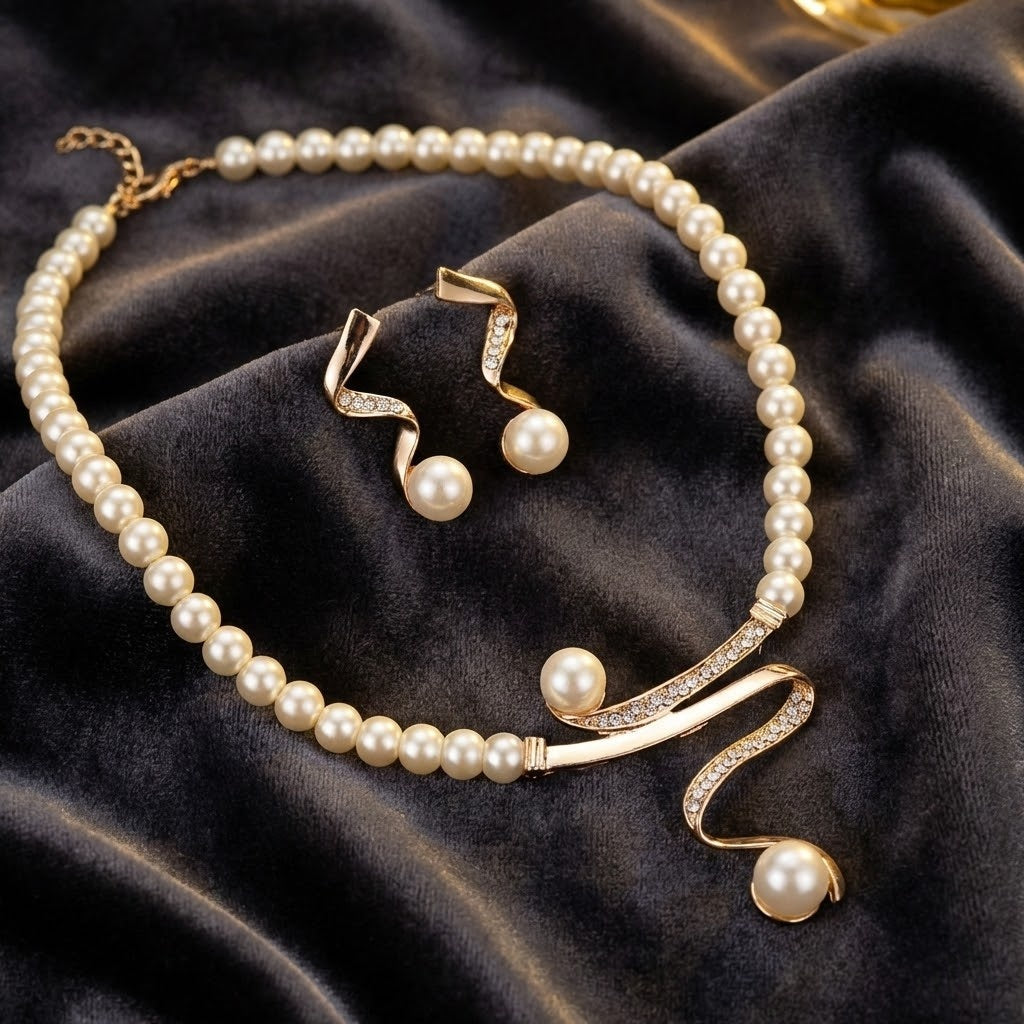 Pearl jewelry set displayed on a soft fabric background