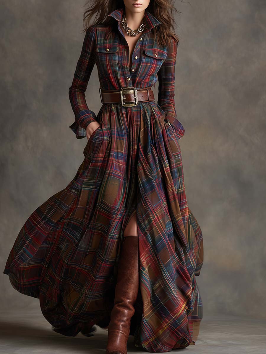 Evelyn reddish brown plaid shirt maxi dress – front