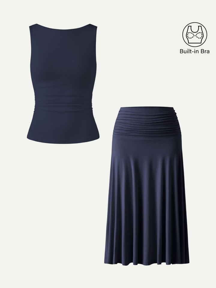 2Pcs Set Open Back Built-In Bra Tank 2.0 & Side Ruched A-line Midi Skirt