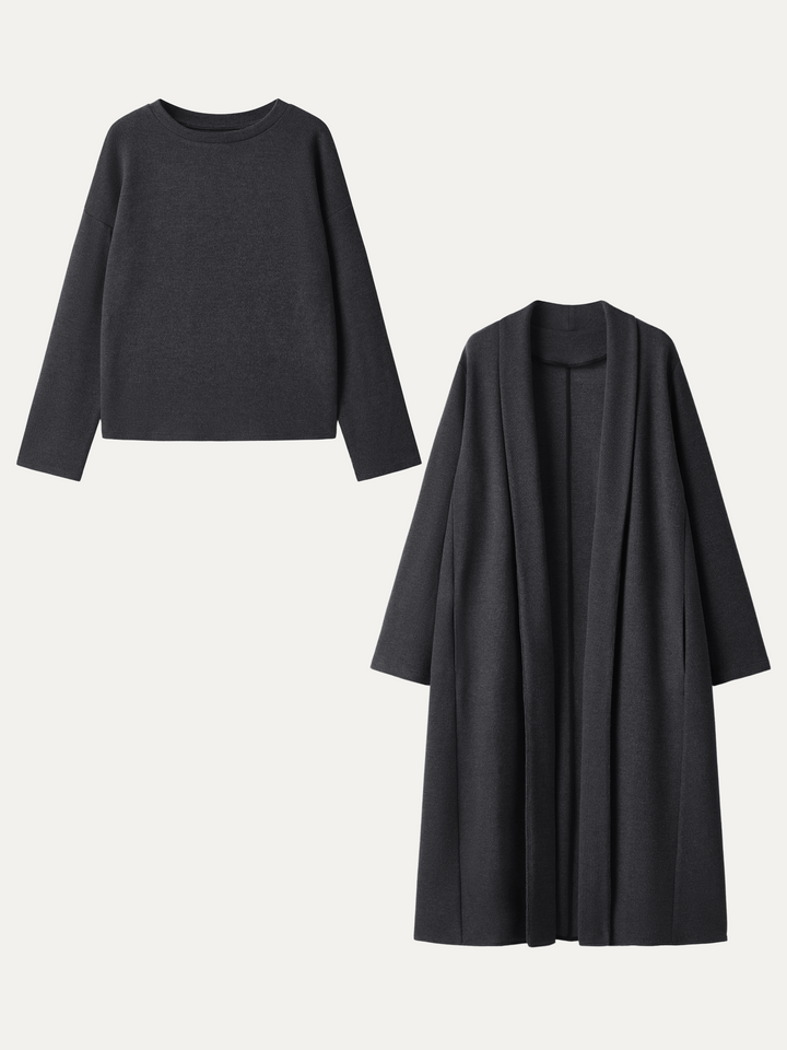 2Pcs Set MaxWarm Shawl Collar Long Sleeve Midi Cardigan with Pockets & Boatneck Long Sleeve Textured Top