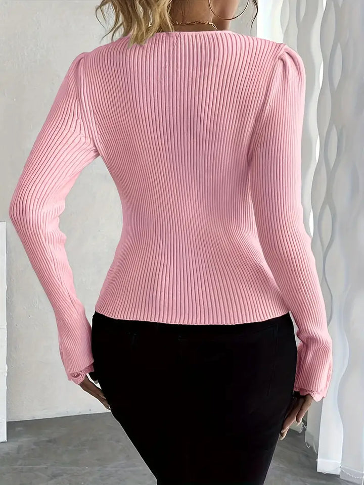 Skylar | Women's Ribbed Knit V-Neck Sweater with Pearl Buttons and Lace Cuffs