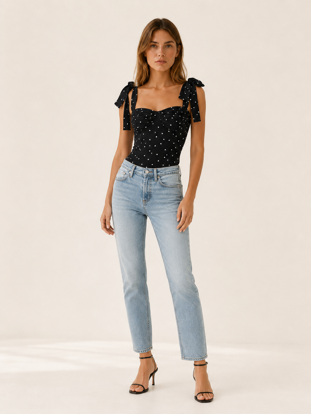 Black Tie Strap Summer Top with Ruched Front – front view