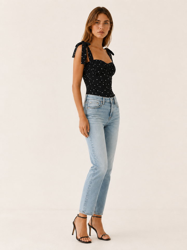 Black Tie Strap Summer Top with Ruched Front – side view