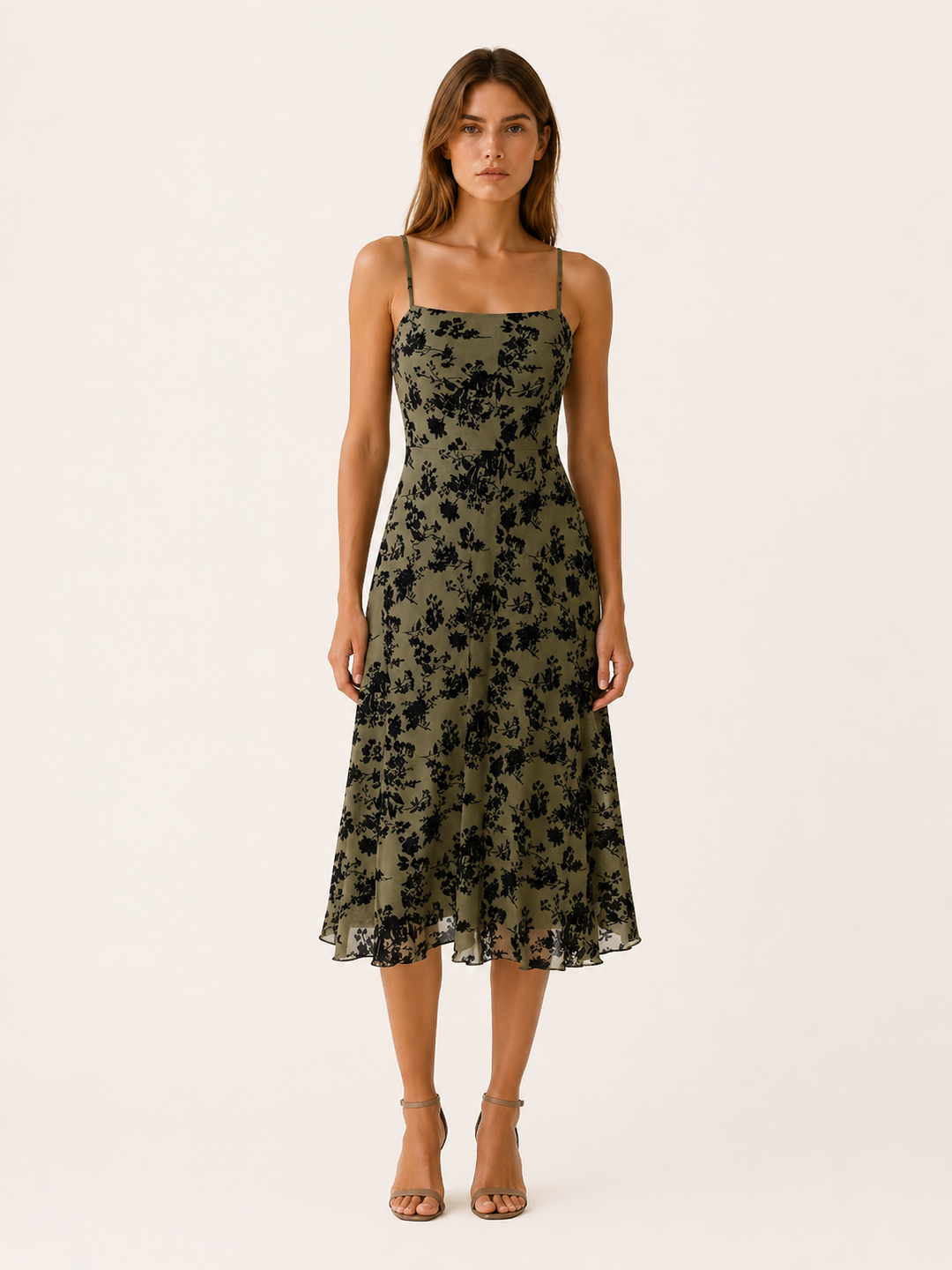 Green Floral Midi Dress with Square Neckline – front view