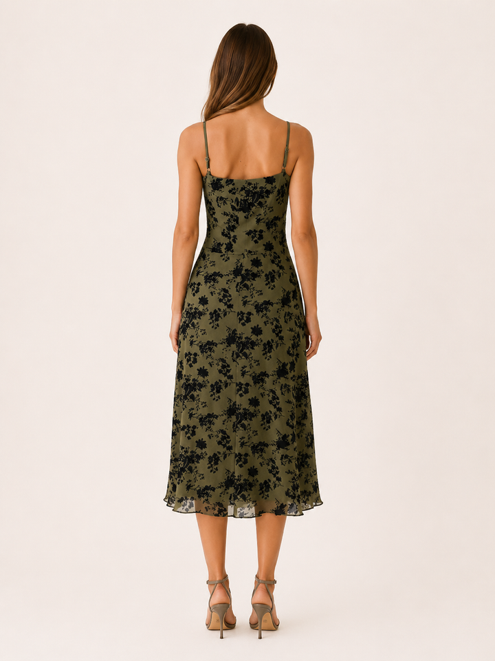 Green Floral Midi Dress with Square Neckline – side view