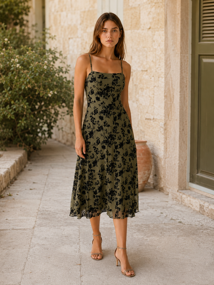 Green Floral Midi Dress with Square Neckline – back view