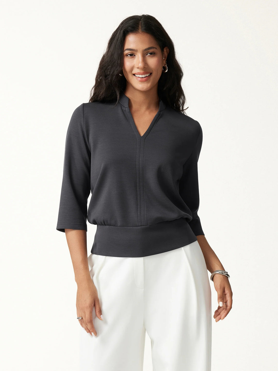 2Pcs Set V-Neck Elbow Sleeve Top & Mid Rise Straight Leg Pants with Pockets
