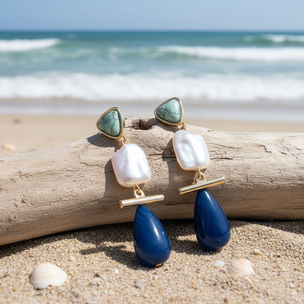 Close-up of the turquoise bead and pearl combination