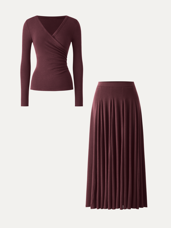 2Pcs Set LiteWarm Surplice Ruched Long Sleeve & Godet Hem Pull-on Maxi Skirt