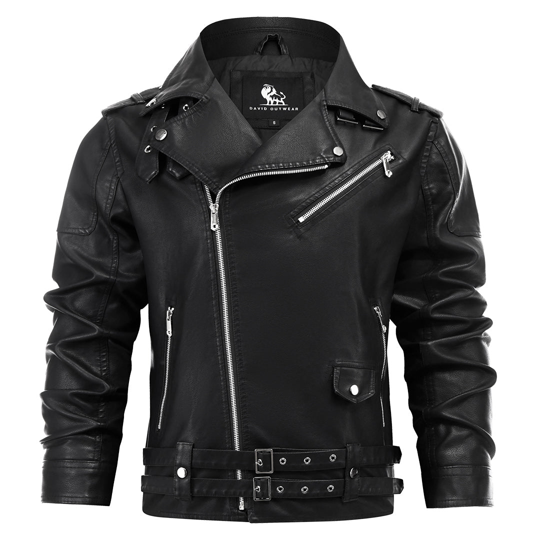 Black Boulevard leather jacket, front view on model