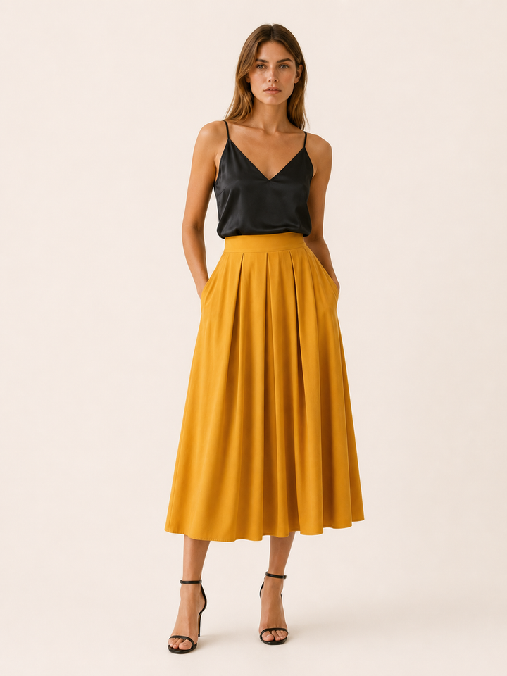 Yellow Pleated Midi Skirt with High Waist – front view