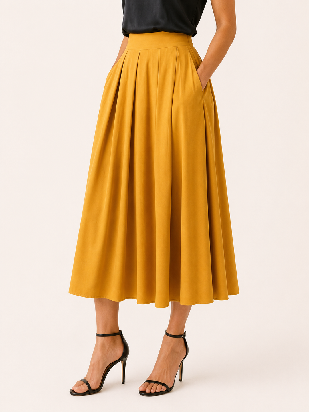 Black Pleated Midi Skirt with High Waist – detail view