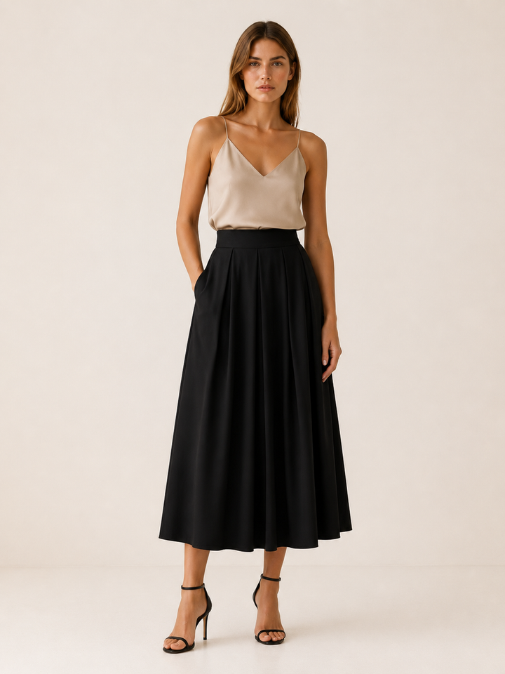Black Pleated Midi Skirt with High Waist – lifestyle
