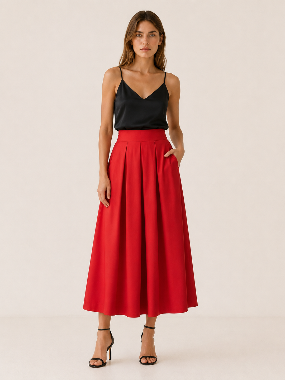 Yellow Pleated Midi Skirt with High Waist – full length view