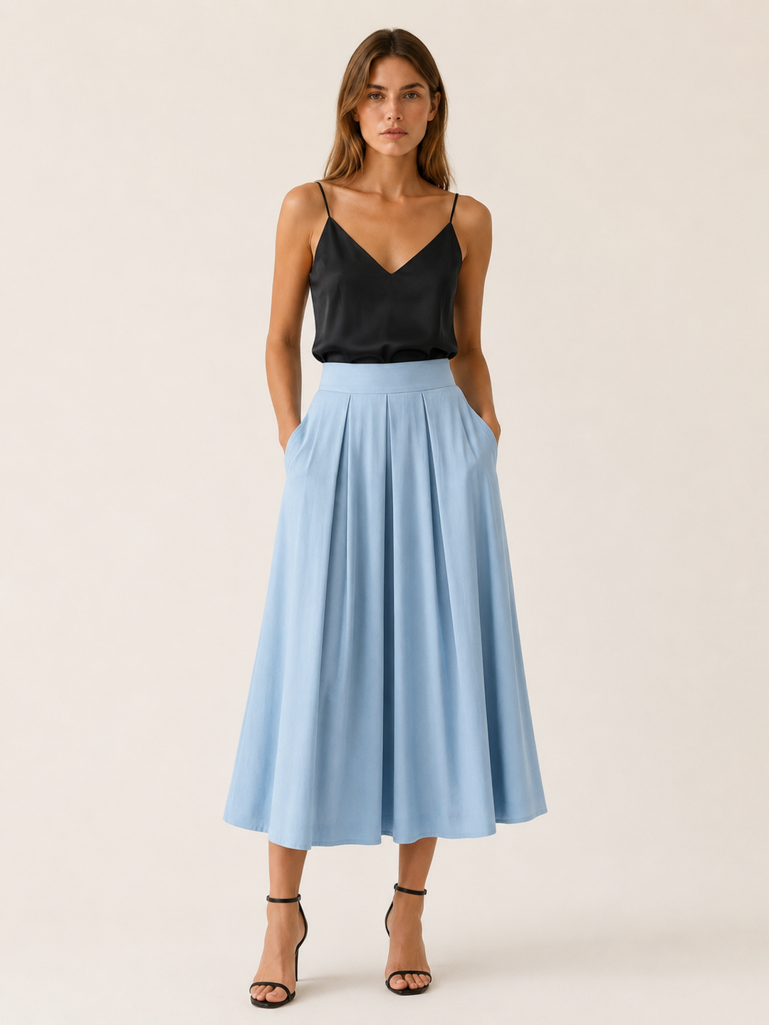 Black Pleated Midi Skirt with High Waist – angled view