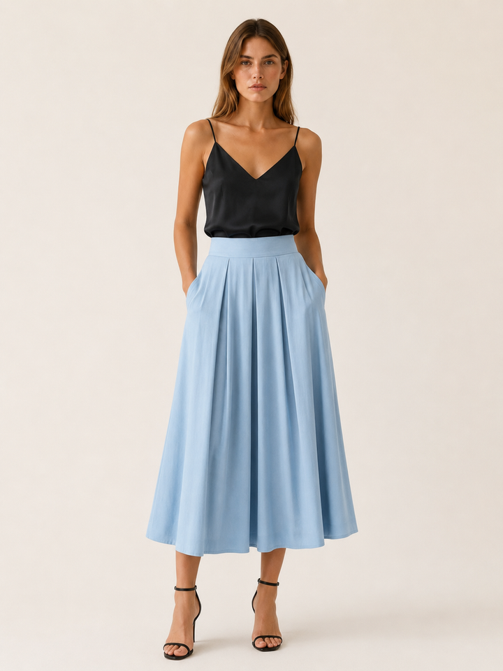 Black Pleated Midi Skirt with High Waist – angled view