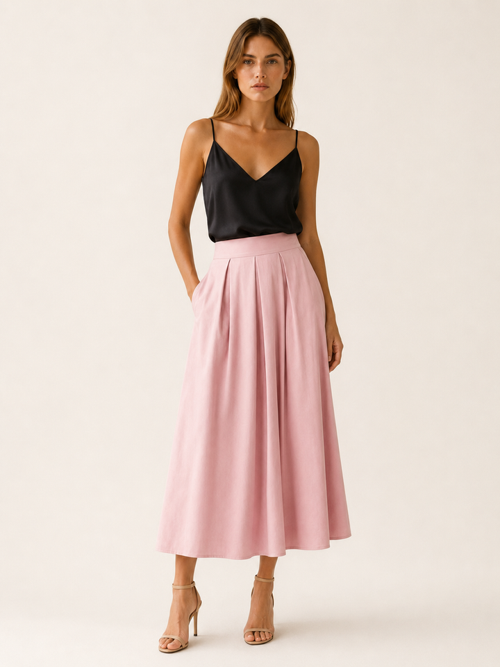 Yellow Pleated Midi Skirt with High Waist – model view