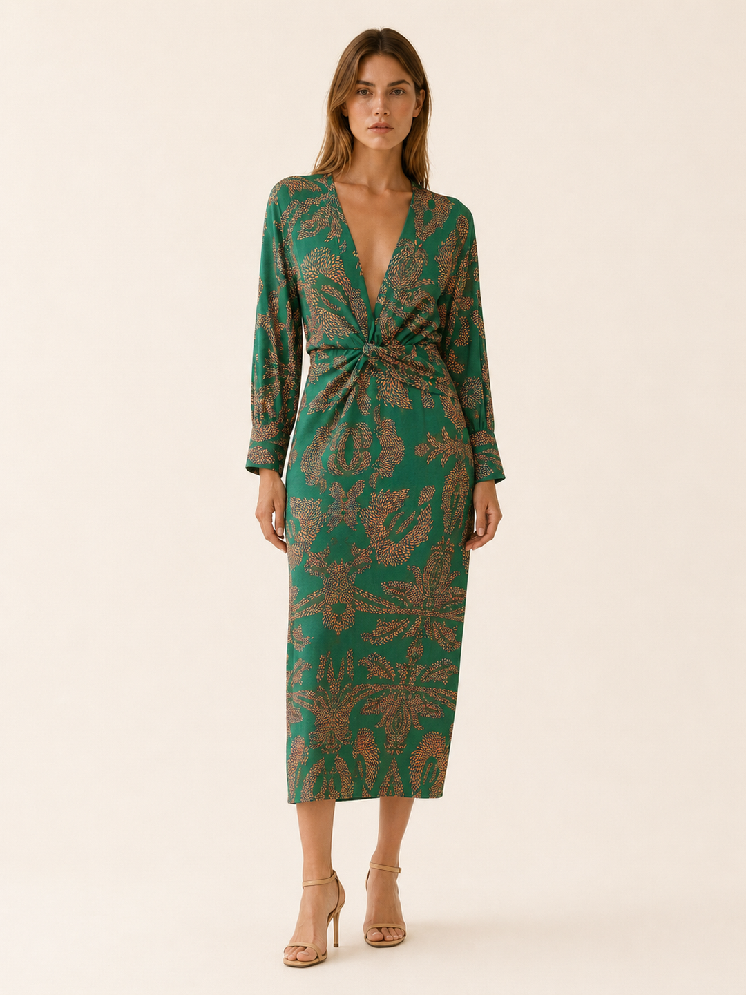 Green Long Sleeve Midi Dress with Twist Front – front view