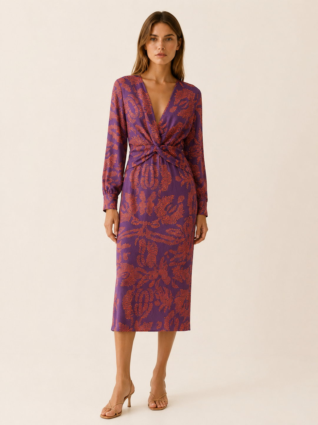 Green Long Sleeve Midi Dress with Twist Front – close-up