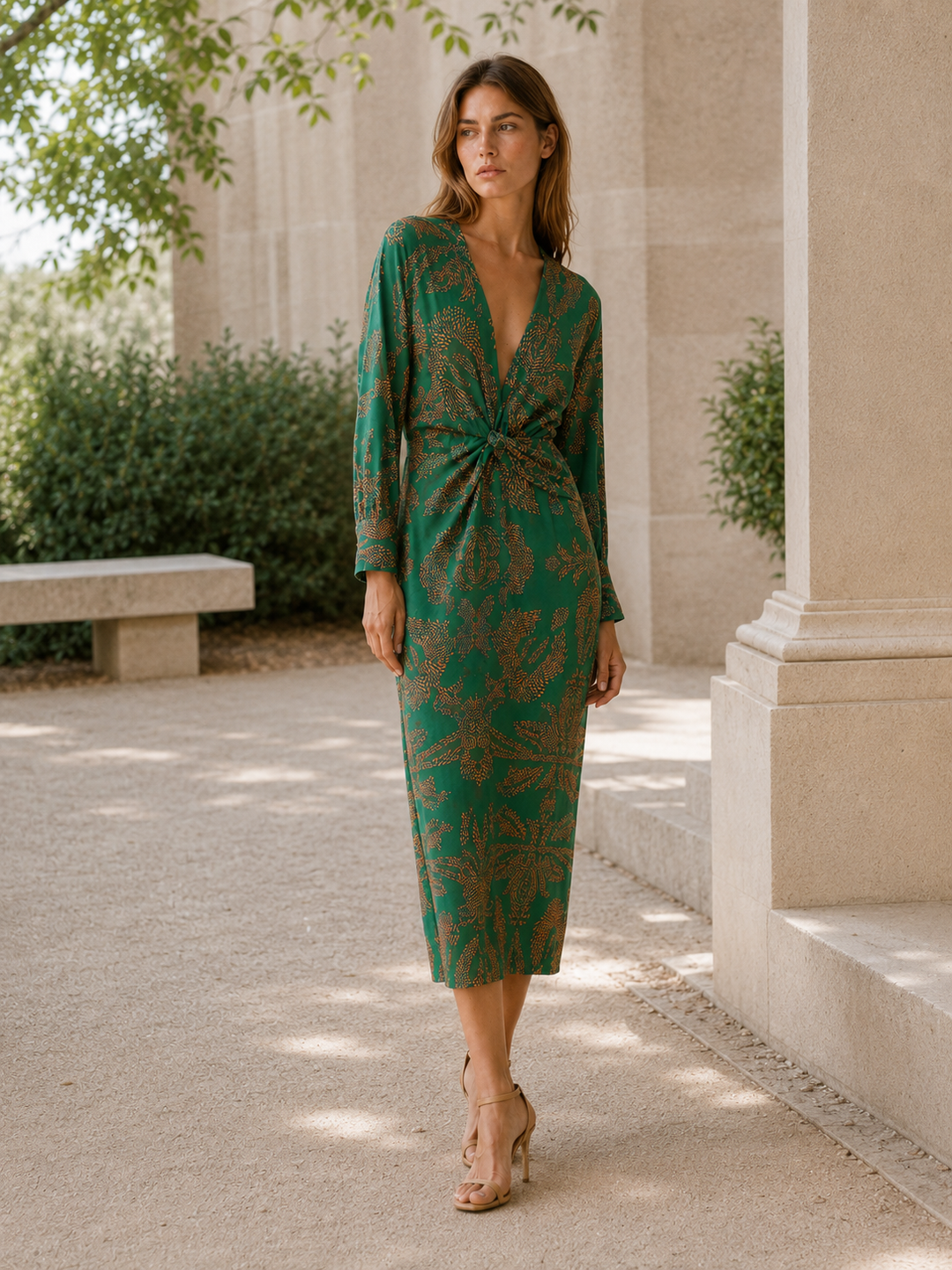Green Long Sleeve Midi Dress with Twist Front – back view