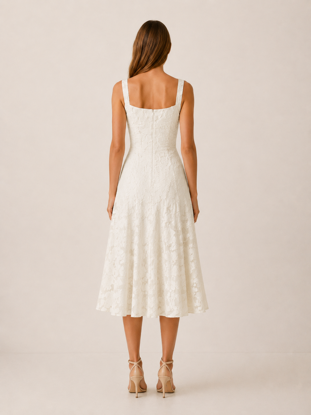 Pink Floral Lace Midi Dress with Square Neckline – side view