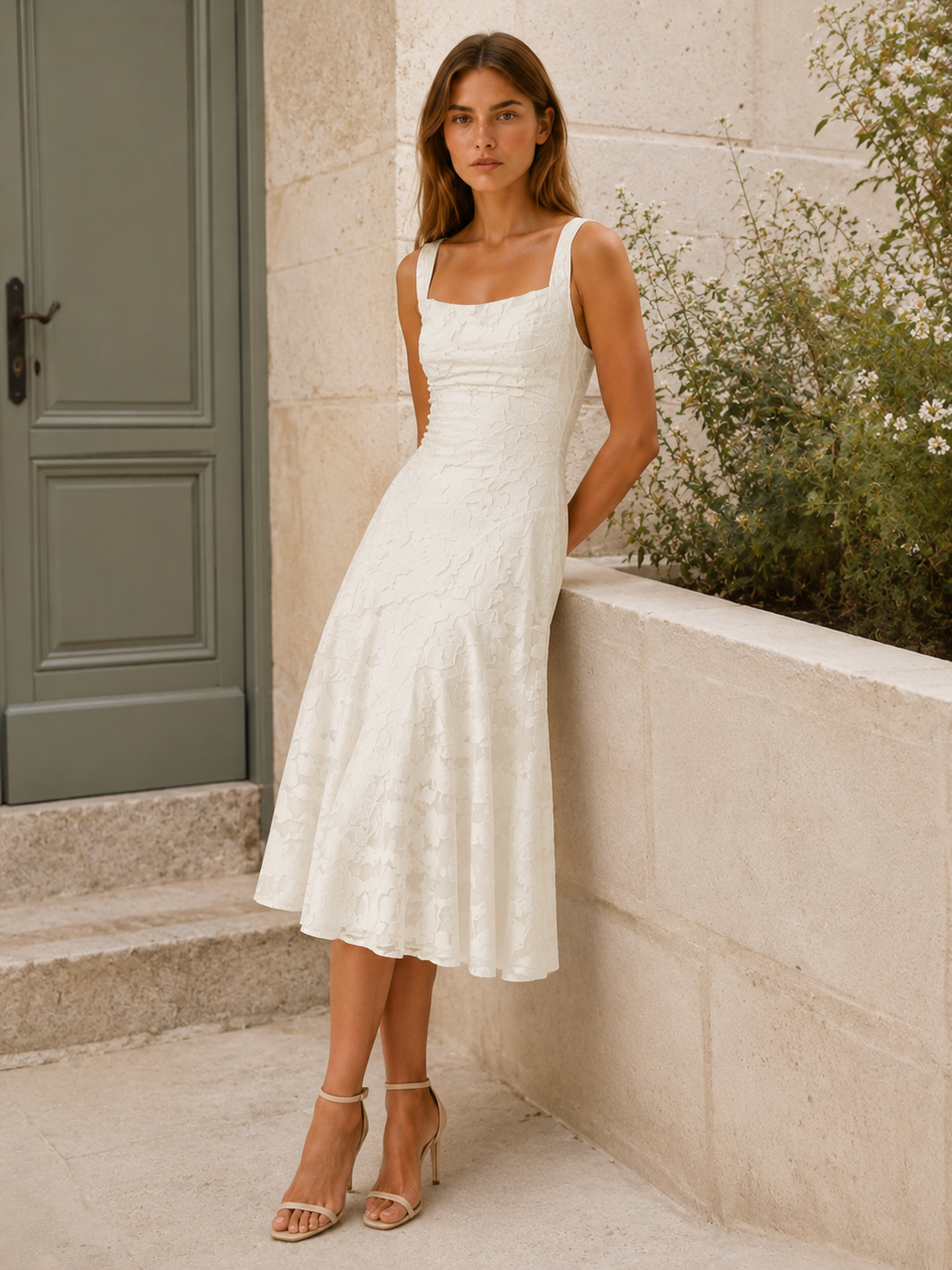 Ivory Floral Lace Midi Dress with Square Neckline – back view