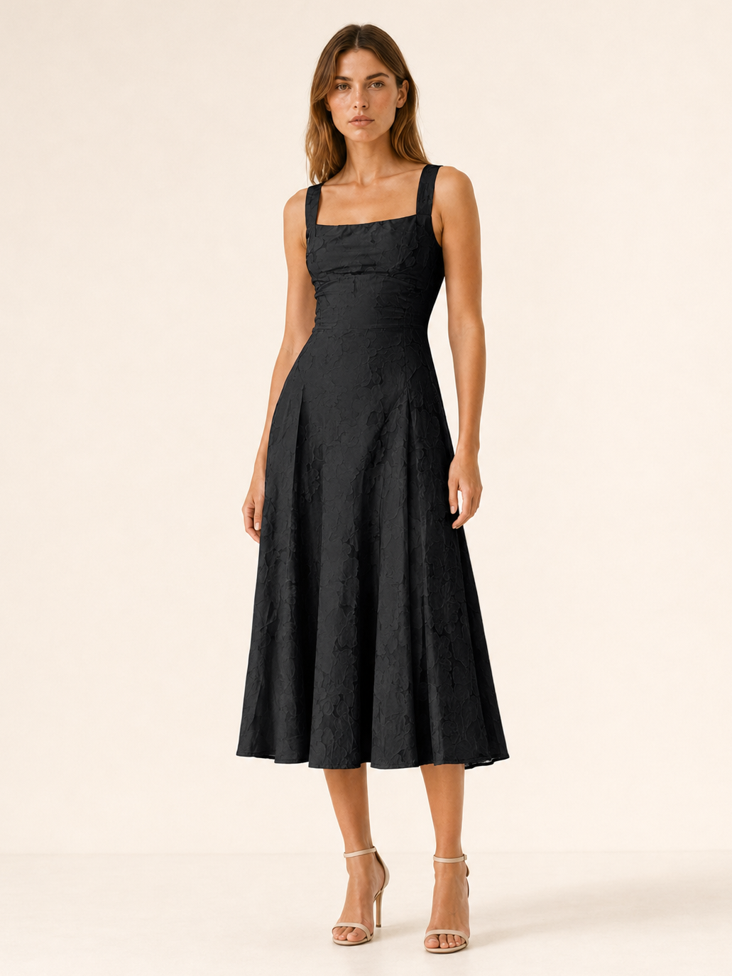 Pink Floral Lace Midi Dress with Square Neckline – lifestyle
