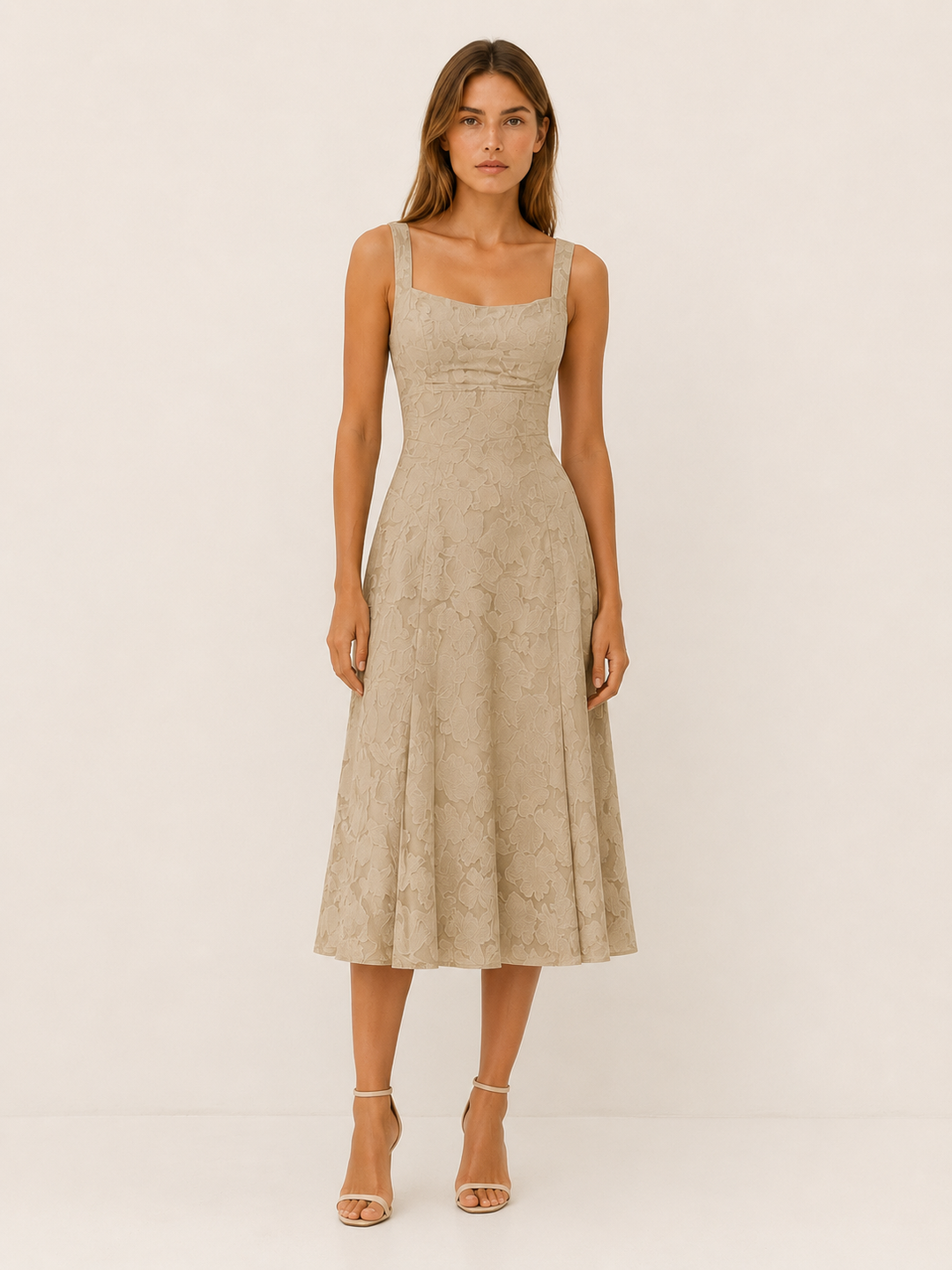 Ivory Floral Lace Midi Dress with Square Neckline – full length view