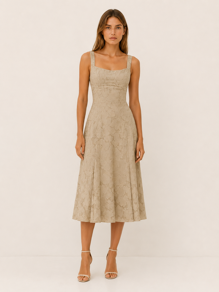 Ivory Floral Lace Midi Dress with Square Neckline – full length view
