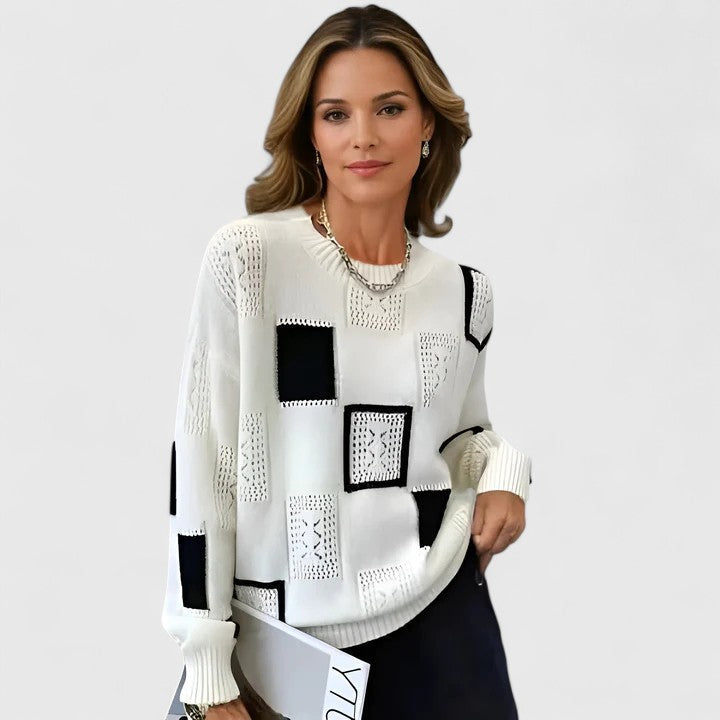 Aymbr | Women's Color Block Patchwork Crew Neck Sweater