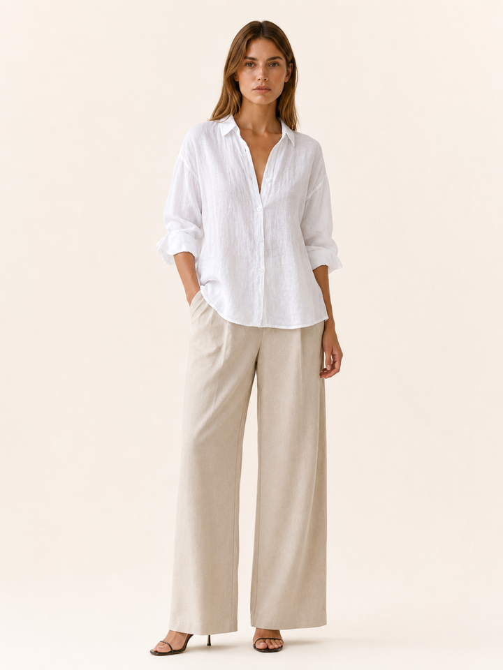 White Relaxed Linen Shirt with Button Front – front view