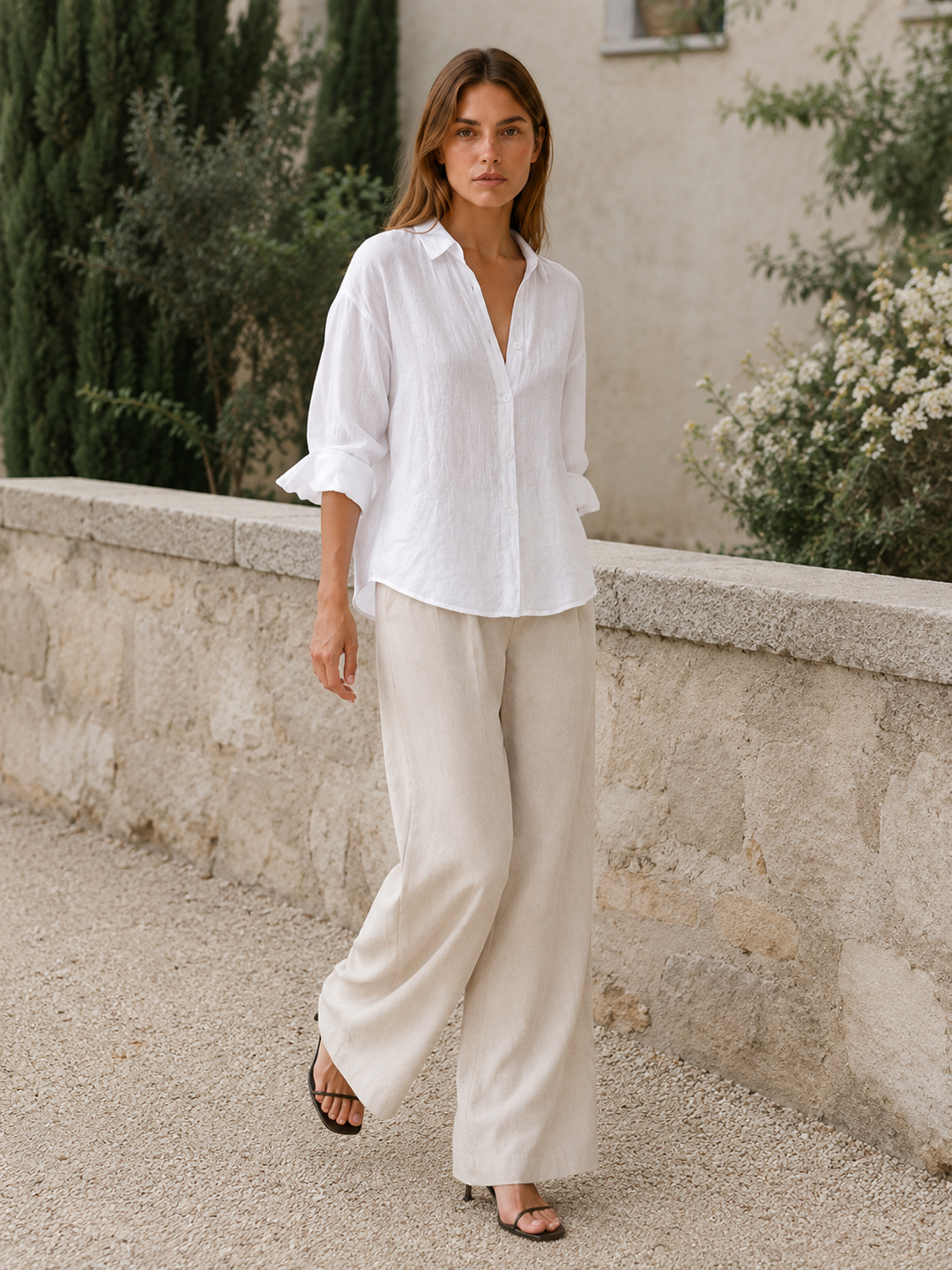 White Relaxed Linen Shirt with Button Front – back view