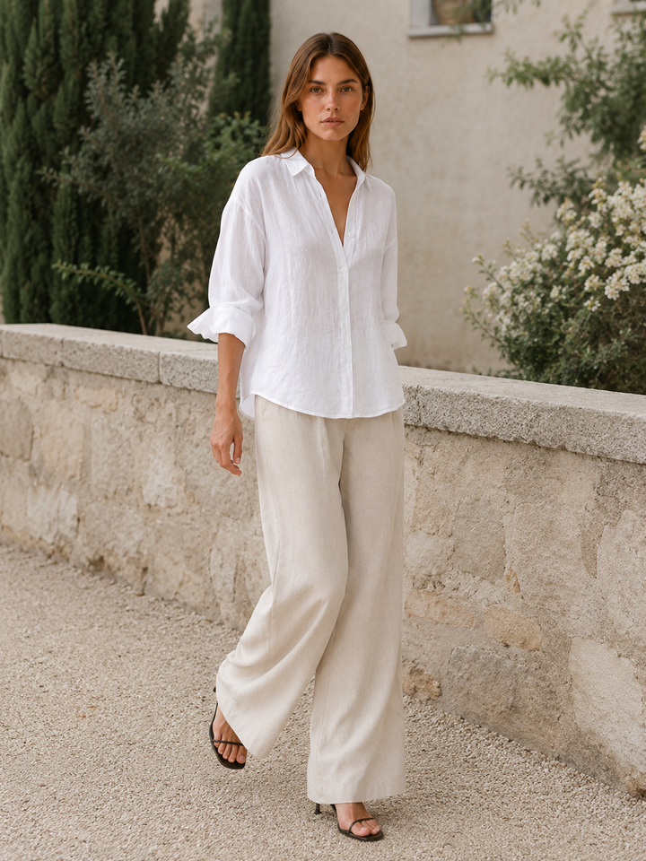 White Relaxed Linen Shirt with Button Front – back view