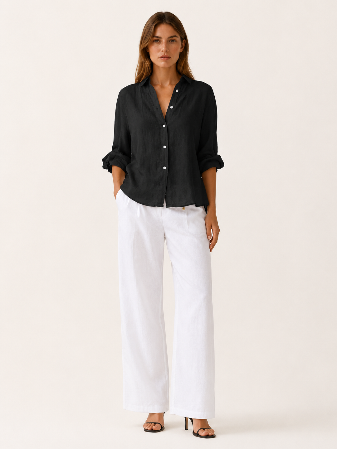 Black Relaxed Linen Shirt with Button Front – detail view