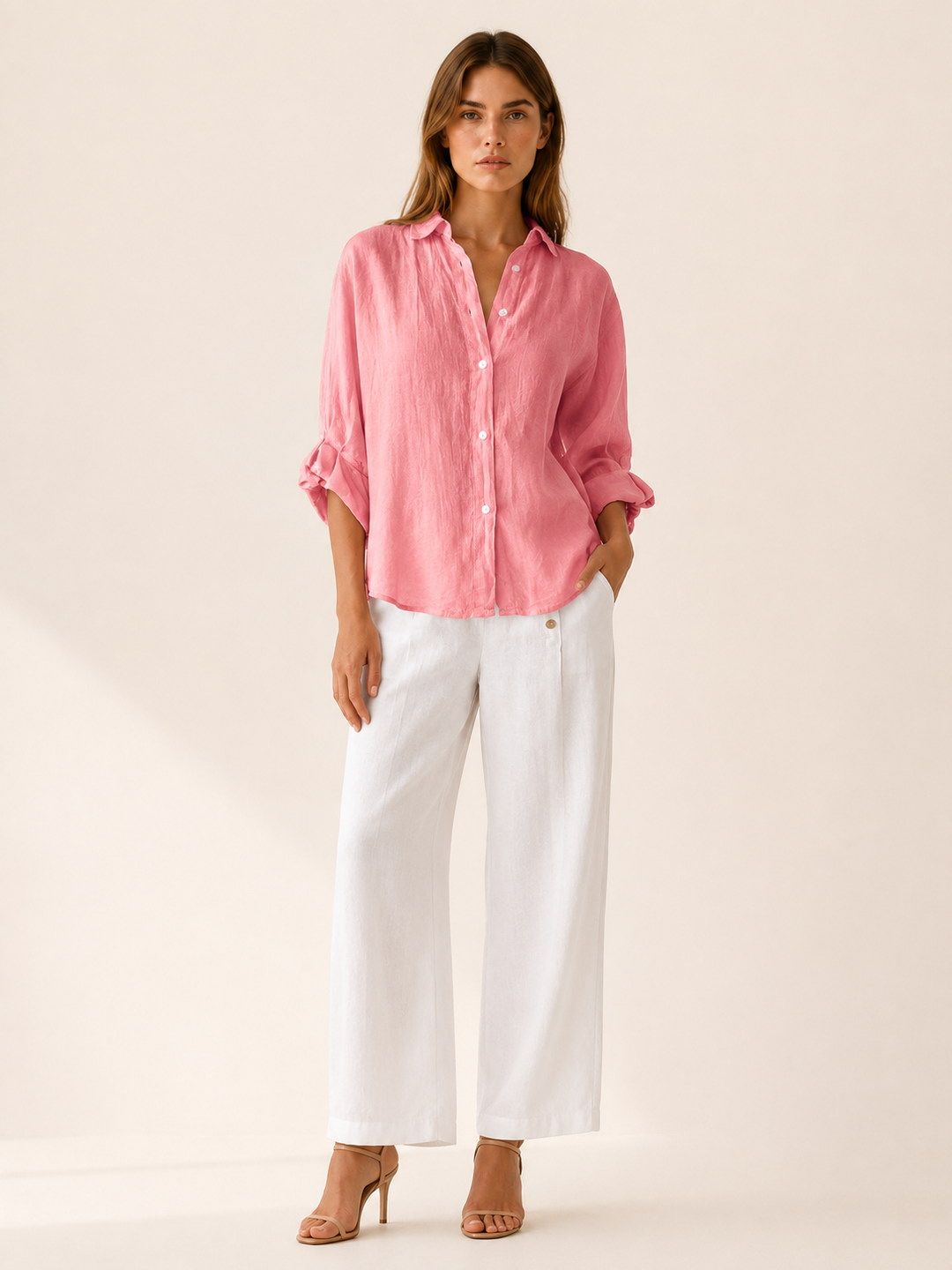White Relaxed Linen Shirt with Button Front – close-up