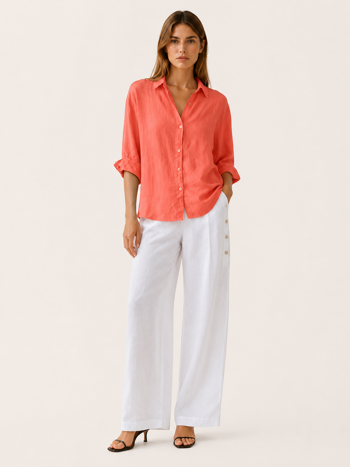 White Relaxed Linen Shirt with Button Front – full length view