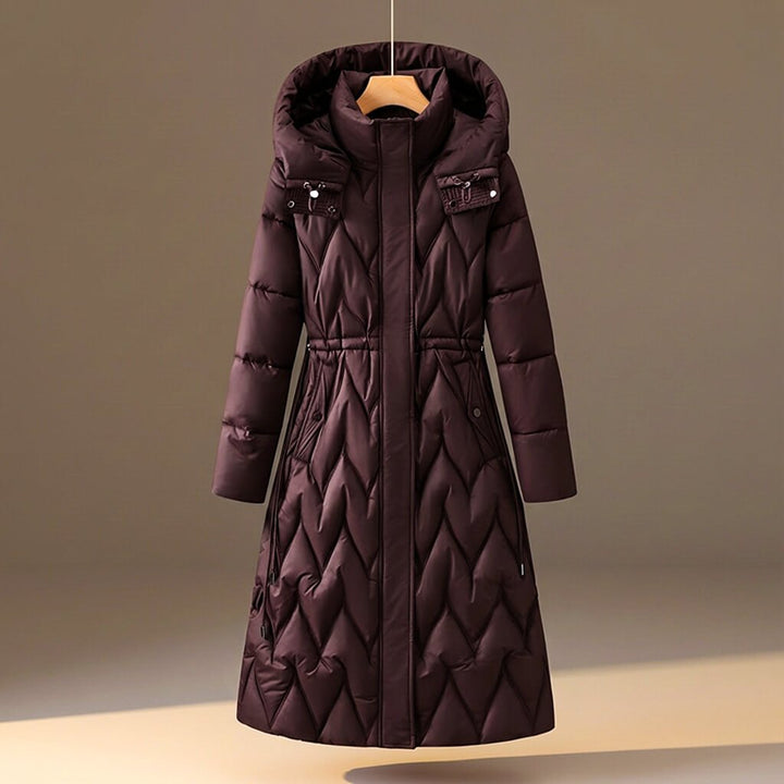 Chloe | Women's Long Quilted Hooded Coat with Cinched Waist