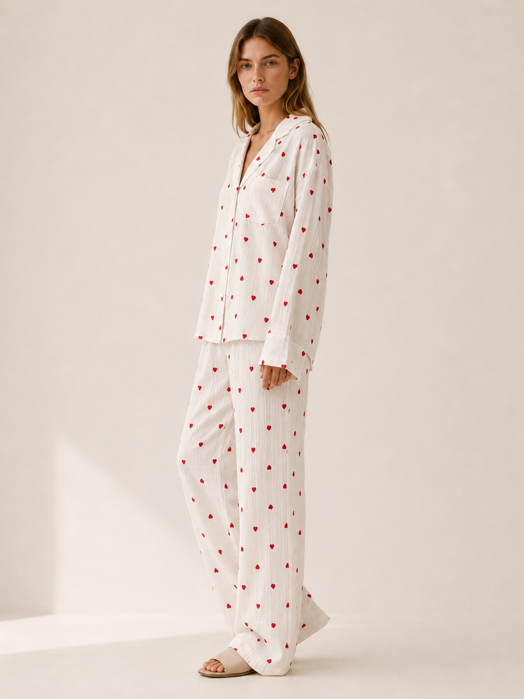 Bryony | Heart Print Pyjama Set with Button Shirt