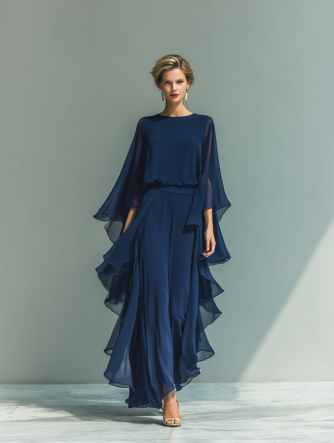 Navy Chiffon Flared Pants Set — alternate view