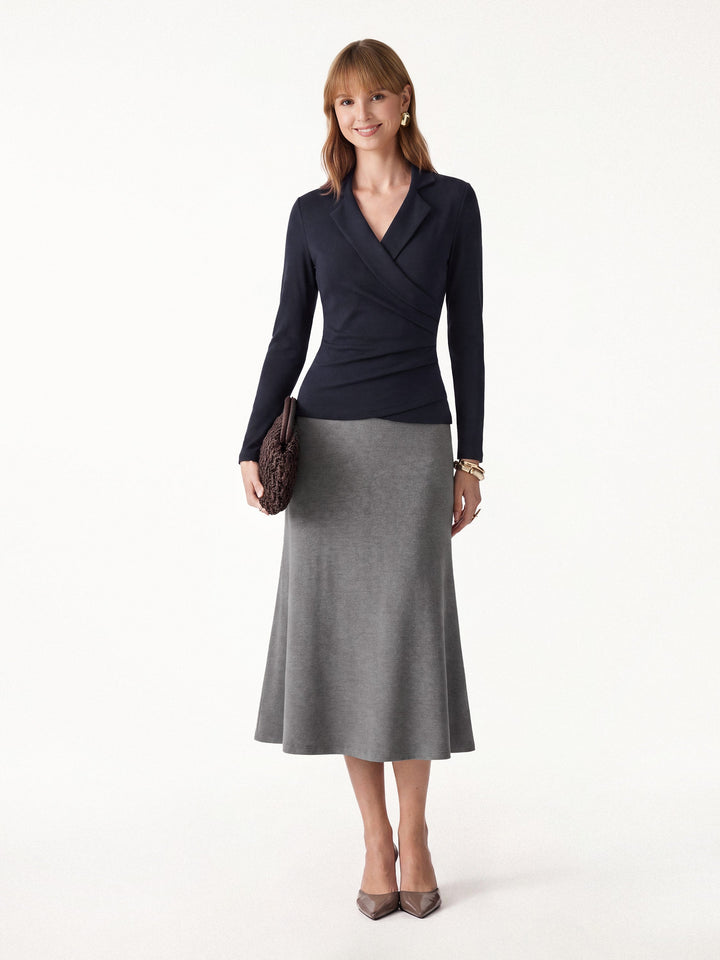 2Pcs Set ProWarm Collared Surplice Top & Soft Thermal Pull-On Midi Skirt