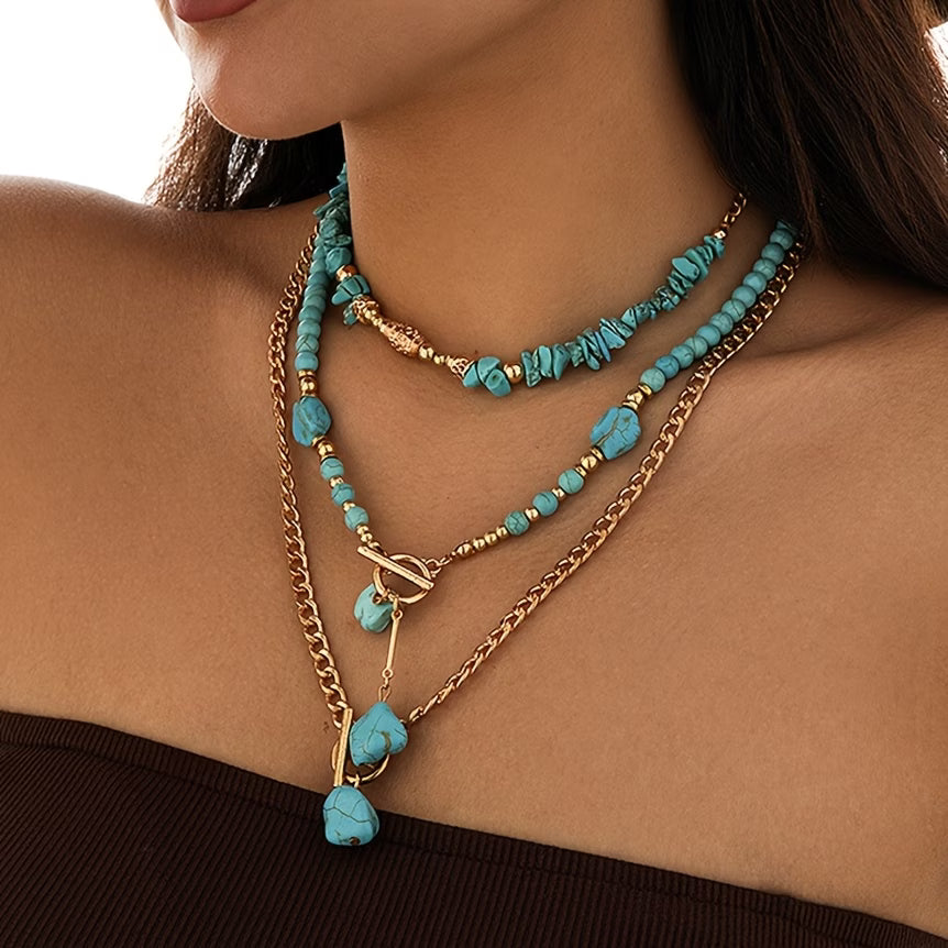 Close-up of the chunky turquoise beads on the necklace