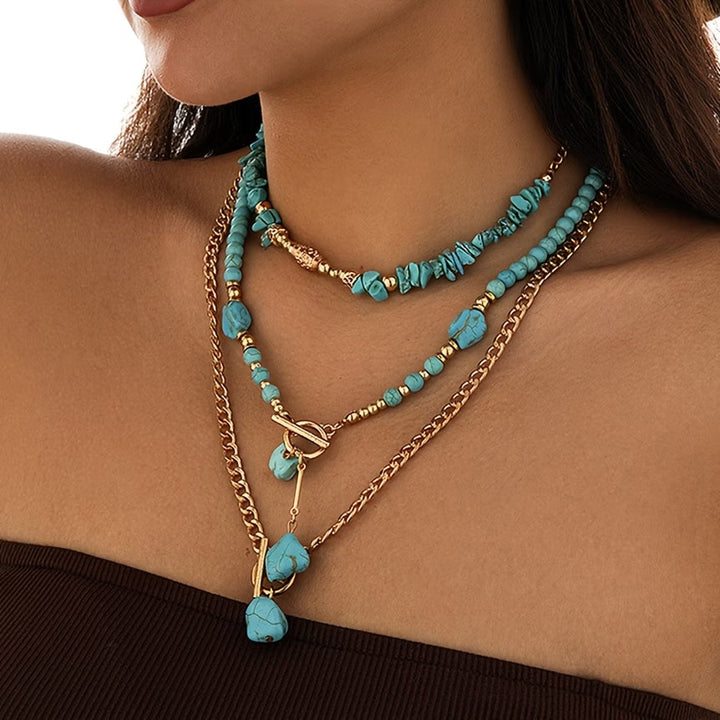 Close-up of the chunky turquoise beads on the necklace